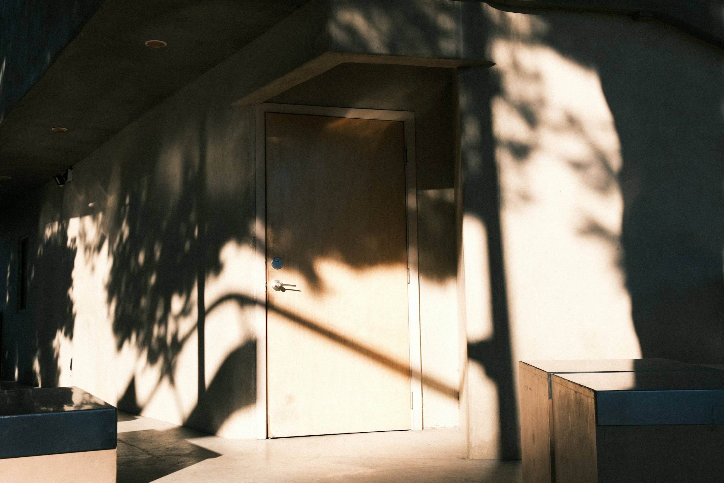 Plain wooden door in warm sun under the shadows of a tree